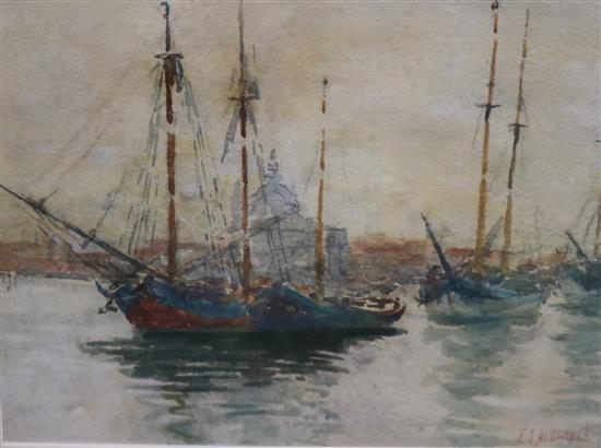 F.J. Aldridge, watercolour of fishing boats, 20 x 26cm